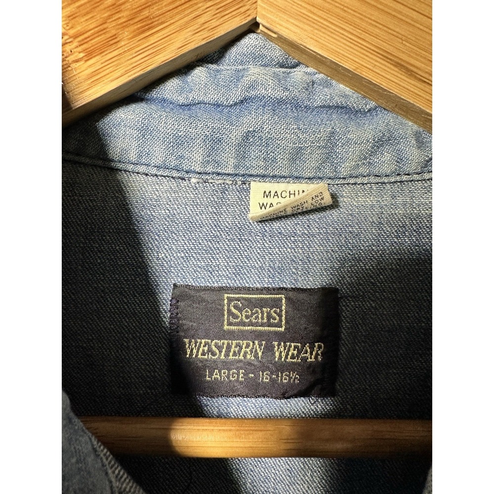 Vintage Sears Western Wear Denim Snap Shirt Mens Large Blue Pearl Snaps USA 16 - Picture 2 of 5